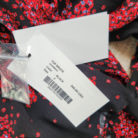 Ba&sh Women's Top Bruce Black Peasant Top Balloon Sleeves Nior Floral Size 2 NWT - Picture 12 of 15